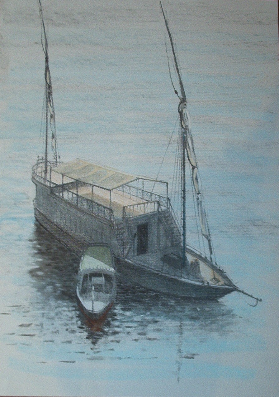 Pastel drawing of Nile houseboat